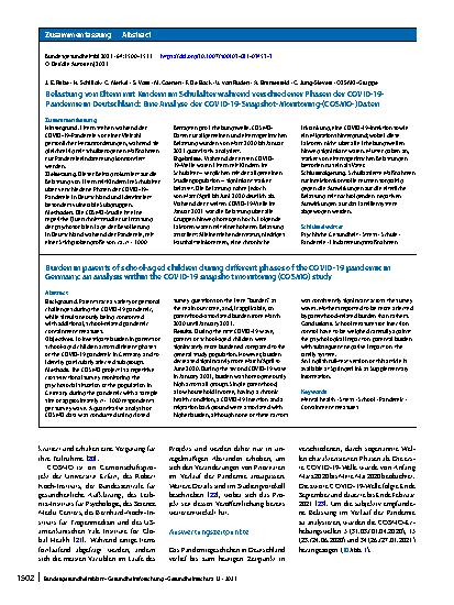 Vorschauseite 3: Belastung von Eltern mit Kindern im Schulalter während verschiedener Phasen der COVID-19-Pandemie in Deutschland: Eine Analyse der COVID-19-Snapshot-Monitoring-(COSMO‑)Daten