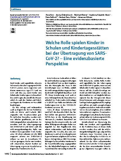Vorschauseite 1: Welche Rolle spielen Kinder in Schulen und Kindertagesstätten bei der Übertragung von SARS-CoV-2? – Eine evidenzbasierte Perspektive