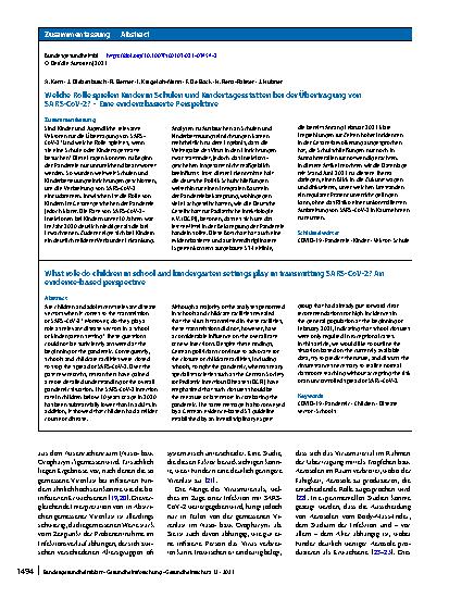 Vorschauseite 3: Welche Rolle spielen Kinder in Schulen und Kindertagesstätten bei der Übertragung von SARS-CoV-2? – Eine evidenzbasierte Perspektive