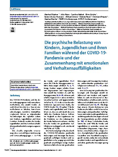 Vorschauseite 1: Die psychische Belastung von Kindern, Jugendlichen und ihren Familien während der COVID-19-Pandemie und der Zusammenhang mit emotionalen und Verhaltensauffälligkeiten