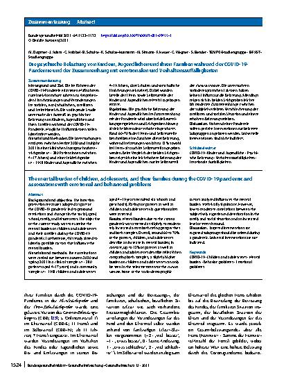 Vorschauseite 3: Die psychische Belastung von Kindern, Jugendlichen und ihren Familien während der COVID-19-Pandemie und der Zusammenhang mit emotionalen und Verhaltensauffälligkeiten