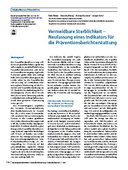 Vorschauseite 1: Vermeidbare Sterblichkeit – Neufassung eines Indikators für die Präventionsberichterstattung