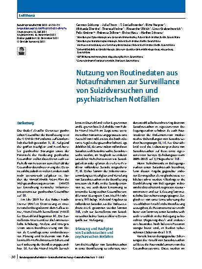 Vorschauseite 1: Nutzung von Routinedaten aus Notaufnahmen zur Surveillance von Suizidversuchen und psychiatrischen Notfällen