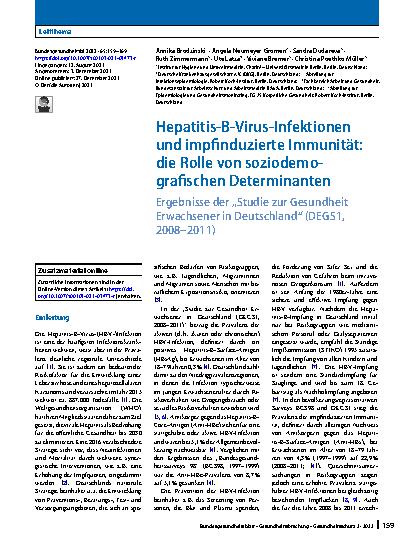 Vorschauseite 1: Hepatitis-B-Virus-Infektionen und impfinduzierte Immunität: die Rolle von soziodemografischen Determinanten