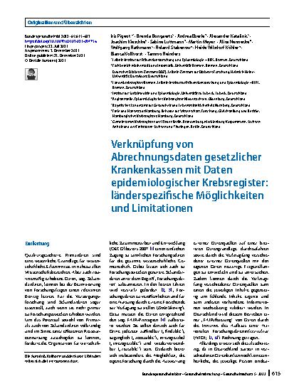 Vorschauseite 1: Verknüpfung von Abrechnungsdaten gesetzlicher Krankenkassen mit Daten epidemiologischer Krebsregister: länderspezifische Möglichkeiten und Limitationen