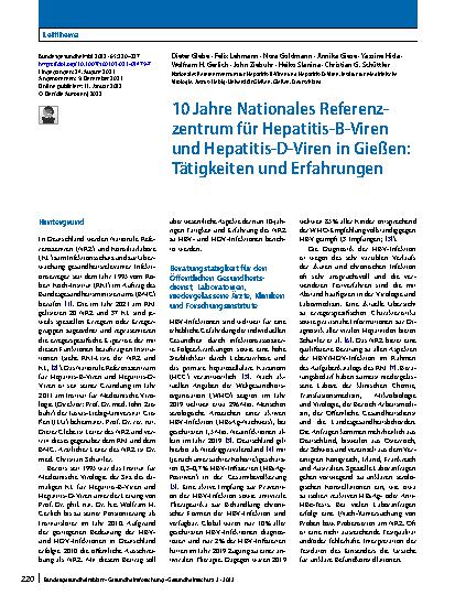 Vorschauseite 1: 10 Jahre Nationales Referenzzentrum für Hepatitis-B-Viren und Hepatitis-D-Viren in Gießen: Tätigkeiten und Erfahrungen