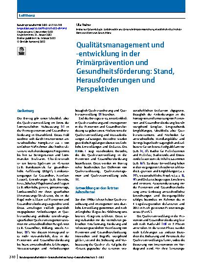 Vorschauseite 1: Qualitätsmanagement und -entwicklung in der Primärprävention und Gesundheitsförderung: Stand, Herausforderungen und Perspektiven