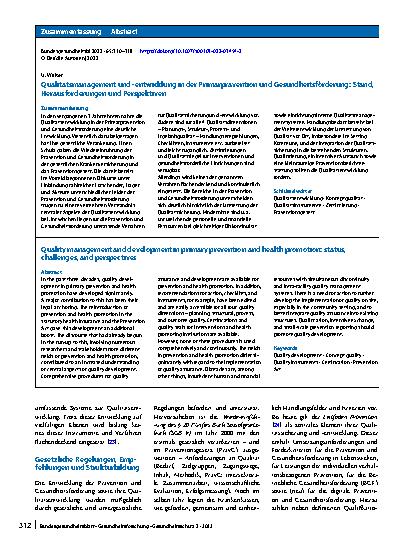 Vorschauseite 3: Qualitätsmanagement und -entwicklung in der Primärprävention und Gesundheitsförderung: Stand, Herausforderungen und Perspektiven