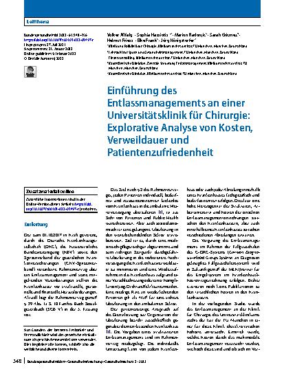 Vorschauseite 1: Einführung des Entlassmanagements an einer Universitätsklinik für Chirurgie: Explorative Analyse von Kosten, Verweildauer und Patientenzufriedenheit