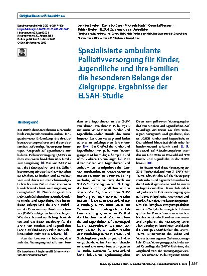 Vorschauseite 1: Spezialisierte ambulante Palliativversorgung für Kinder, Jugendliche und ihre Familien – die besonderen Belange der Zielgruppe. Ergebnisse der ELSAH-Studie