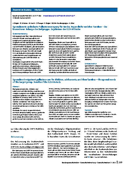 Vorschauseite 3: Spezialisierte ambulante Palliativversorgung für Kinder, Jugendliche und ihre Familien – die besonderen Belange der Zielgruppe. Ergebnisse der ELSAH-Studie