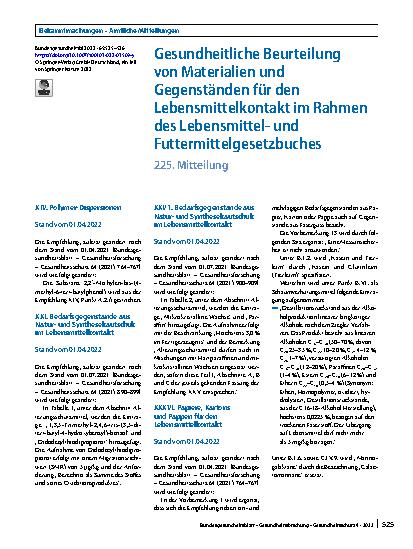 Vorschauseite 1: Gesundheitliche Beurteilung von Materialien und Gegenständen für den Lebensmittelkontakt im Rahmen des Lebensmittelund Futtermittelgesetzbuches