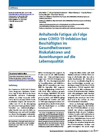 Vorschauseite 1: Anhaltende Fatigue als Folge einer COVID-19-Infektion bei Beschäftigten im Gesundheitswesen: Risikofaktoren und Auswirkungen auf die Lebensqualität