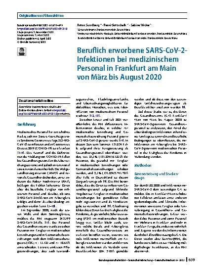 Vorschauseite 1: Beruflich erworbene SARS-CoV-2-Infektionen bei medizinischem Personal in Frankfurt am Main von März bis August 2020