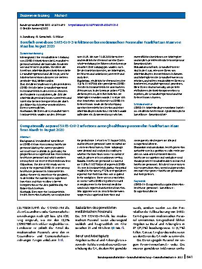 Vorschauseite 3: Beruflich erworbene SARS-CoV-2-Infektionen bei medizinischem Personal in Frankfurt am Main von März bis August 2020