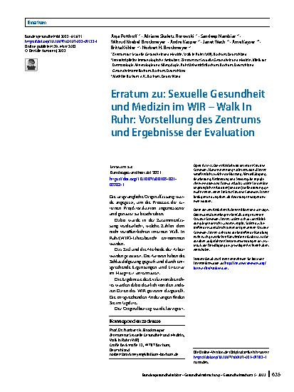 Vorschauseite 1: Erratum zu: Sexuelle Gesundheit und Medizin im WIR – Walk In Ruhr: Vorstellung des Zentrums und Ergebnisse der Evaluation
