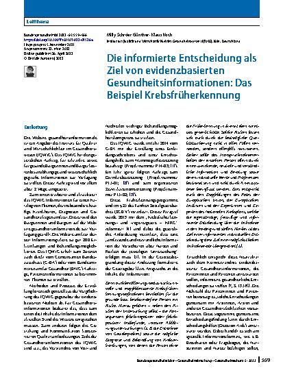 Vorschauseite 1: Die informierte Entscheidung als Ziel von evidenzbasierten Gesundheitsinformationen: Das Beispiel Krebsfrüherkennung