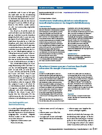 Vorschauseite 3: Die informierte Entscheidung als Ziel von evidenzbasierten Gesundheitsinformationen: Das Beispiel Krebsfrüherkennung