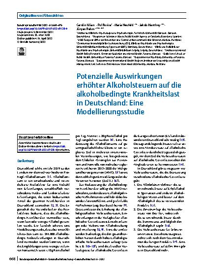 Vorschauseite 1: Potenzielle Auswirkungen erhöhter Alkoholsteuern auf die alkoholbedingte Krankheitslast in Deutschland: Eine Modellierungsstudie