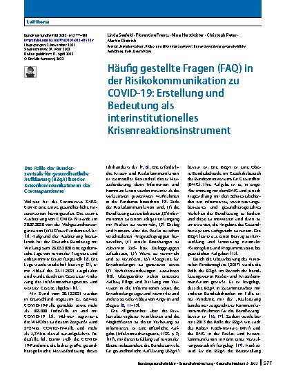 Vorschauseite 1: Häufig gestellte Fragen (FAQ) in der Risikokommunikation zu COVID-19: Erstellung und Bedeutung als interinstitutionelles Krisenreaktionsinstrument