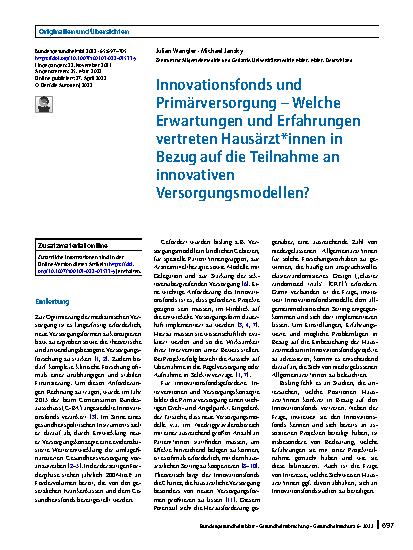 Vorschauseite 1: Innovationsfonds und Primärversorgung – Welche Erwartungen und Erfahrungen vertreten Hausärzt*innen in Bezug auf die Teilnahme an innovativen Versorgungsmodellen?