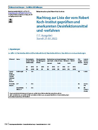 Vorschauseite 1: Nachtrag zur Liste der vom Robert Koch-Institut geprüften und anerkannten Desinfektionsmittel und -verfahren