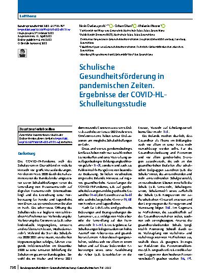 Vorschauseite 1: Schulische Gesundheitsförderung in pandemischen Zeiten. Ergebnisse der COVID-HL-Schulleitungsstudie