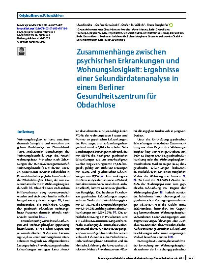 Vorschauseite 1: Zusammenhänge zwischen psychischen Erkrankungen und Wohnungslosigkeit: Ergebnisse einer Sekundärdatenanalyse in einem Berliner Gesundheitszentrum für Obdachlose