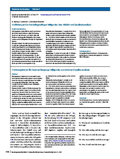 Vorschauseite 3: Verhütung in der deutschsprachigen Wikipedia: Eine Inhaltsund Qualitätsanalyse
