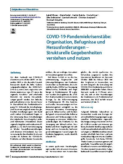 Vorschauseite 1: COVID-19-Pandemiekrisenstäbe: Organisation, Befugnisse und Herausforderungen – Strukturelle Gegebenheiten verstehen und nutzen