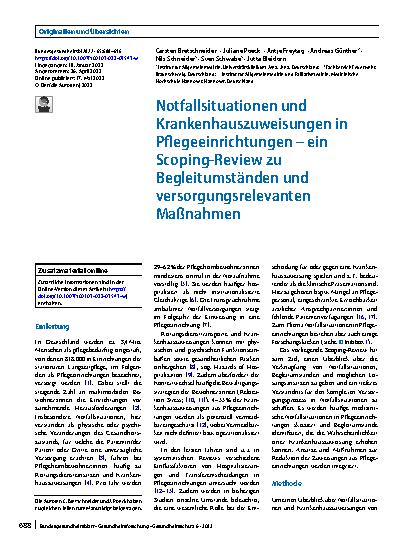 Vorschauseite 1: Notfallsituationen und Krankenhauszuweisungen in Pflegeeinrichtungen – ein Scoping-Review zu Begleitumständen und versorgungsrelevanten Maßnahmen