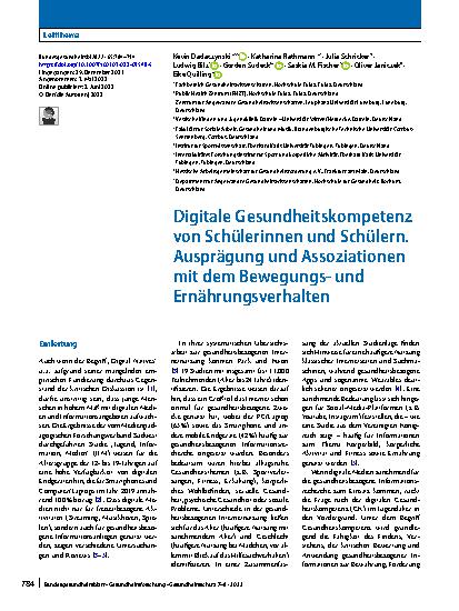 Vorschauseite 1: Digitale Gesundheitskompetenz von Schülerinnen und Schülern. Ausprägung und Assoziationen mit dem Bewegungsund Ernährungsverhalten