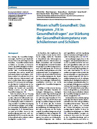 Vorschauseite 1: Wissen schafft Gesundheit: Das Programm „Fit in Gesundheitsfragen“ zur Stärkung der Gesundheitskompetenz von Schülerinnen und Schülern