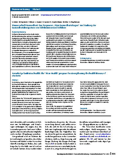 Vorschauseite 3: Wissen schafft Gesundheit: Das Programm „Fit in Gesundheitsfragen“ zur Stärkung der Gesundheitskompetenz von Schülerinnen und Schülern