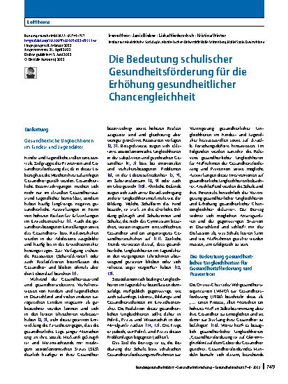 Vorschauseite 1: Die Bedeutung schulischer Gesundheitsförderung für die Erhöhung gesundheitlicher Chancengleichheit