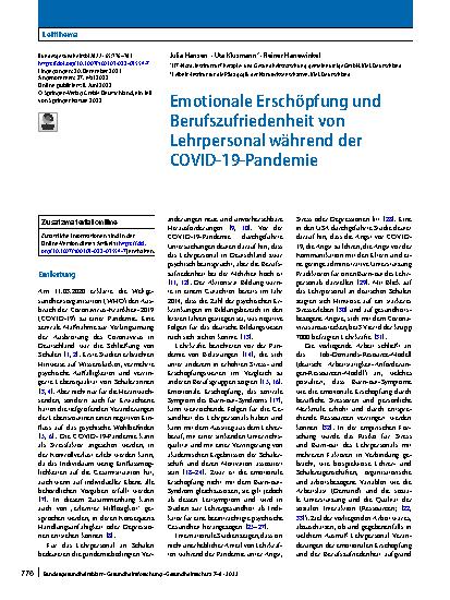 Vorschauseite 1: Emotionale Erschöpfung und Berufszufriedenheit von Lehrpersonal während der COVID-19-Pandemie