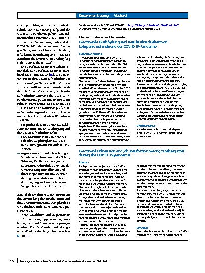 Vorschauseite 3: Emotionale Erschöpfung und Berufszufriedenheit von Lehrpersonal während der COVID-19-Pandemie