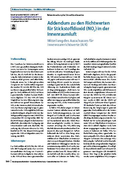 Vorschauseite 1: Addendum zu den Richtwerten für Stickstoffdioxid (NO2) in der Innenraumluft