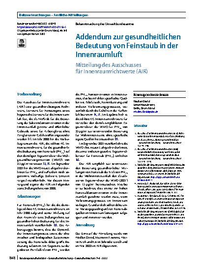 Vorschauseite 1: Addendum zur gesundheitlichen Bedeutung von Feinstaub in der Innenraumluft