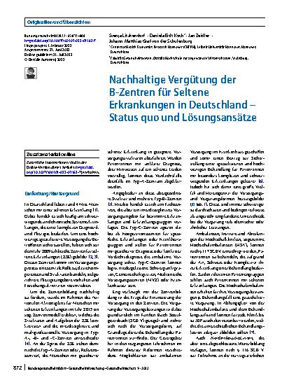Vorschauseite 1: Nachhaltige Vergütung der B‑Zentren für Seltene Erkrankungen in Deutschland – Status quo und Lösungsansätze