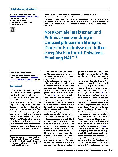 Vorschauseite 1: Nosokomiale Infektionen und Antibiotikaanwendung in Langzeitpflegeeinrichtungen. Deutsche Ergebnisse der dritten europäischen Punkt-Prävalenz-Erhebung HALT-3