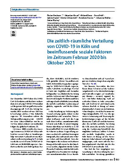 Vorschauseite 1: Die zeitlich-räumliche Verteilung von COVID-19 in Köln und beeinflussende soziale Faktoren im Zeitraum Februar 2020 bis Oktober 2021