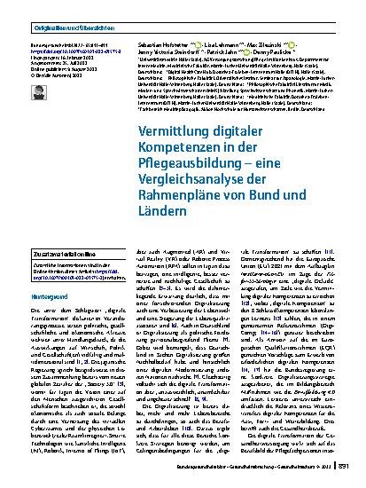 Vorschauseite 1: Vermittlung digitaler Kompetenzen in der Pflegeausbildung – eine Vergleichsanalyse der Rahmenpläne von Bund und Ländern