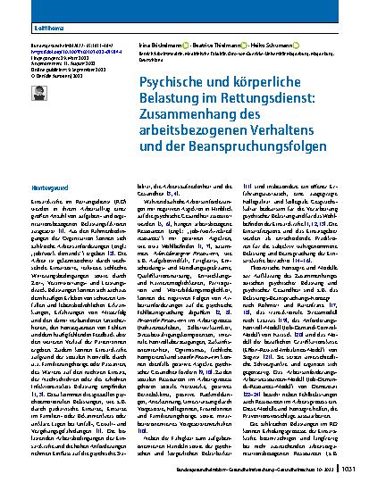 Vorschauseite 1: Psychische und körperliche Belastung im Rettungsdienst: Zusammenhang des arbeitsbezogenen Verhaltens und der Beanspruchungsfolgen