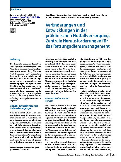 Vorschauseite 1: Veränderungen und Entwicklungen in der präklinischen Notfallversorgung: Zentrale Herausforderungen für das Rettungsdienstmanagement