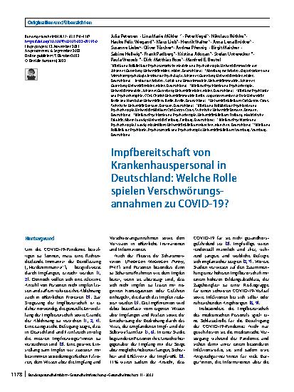 Vorschauseite 1: Impfbereitschaft von Krankenhauspersonal in Deutschland: Welche Rolle spielen Verschwörungsannahmen zu COVID-19?