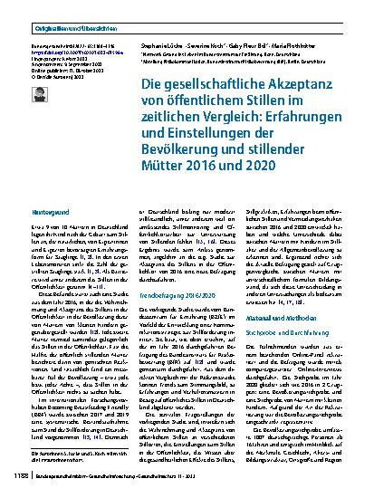 Vorschauseite 1: Die gesellschaftliche Akzeptanz von öffentlichem Stillen im zeitlichen Vergleich: Erfahrungen und Einstellungen der Bevölkerung und stillender Mütter 2016 und 2020