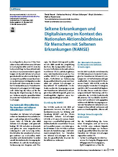 Vorschauseite 1: Seltene Erkrankungen und Digitalisierung im Kontext des Nationalen Aktionsbündnisses für Menschen mit Seltenen Erkrankungen (NAMSE)