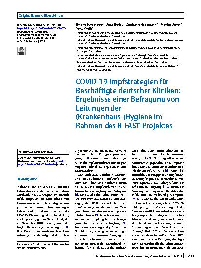 Vorschauseite 1: COVID-19-Impfstrategien für Beschäftigte deutscher Kliniken: Ergebnisse einer Befragung von Leitungen der (Krankenhaus‑)Hygiene im Rahmen des B-FAST-Projektes