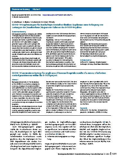 Vorschauseite 3: COVID-19-Impfstrategien für Beschäftigte deutscher Kliniken: Ergebnisse einer Befragung von Leitungen der (Krankenhaus‑)Hygiene im Rahmen des B-FAST-Projektes